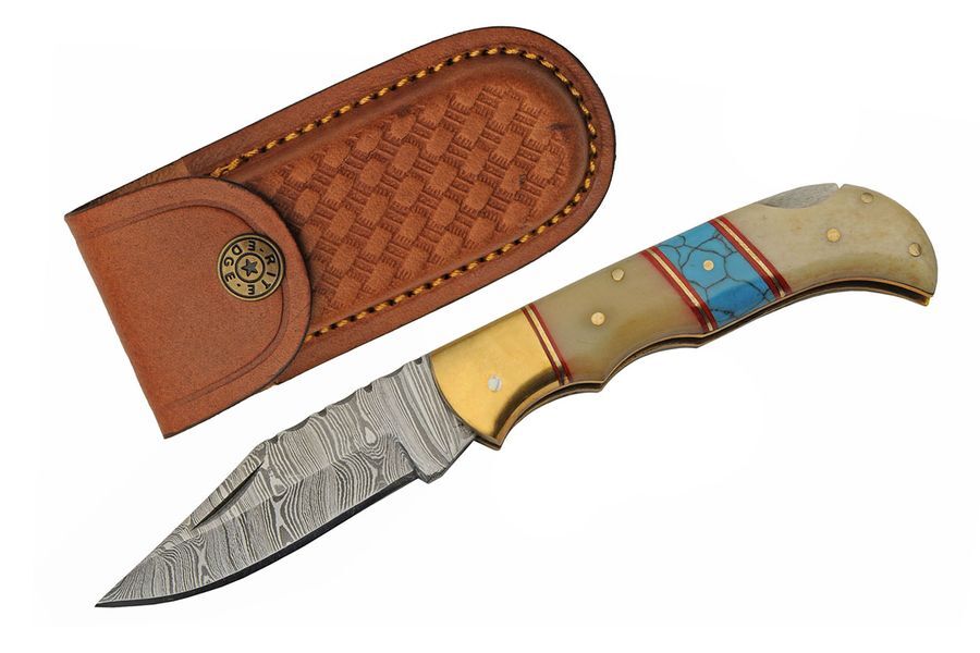 Folding Knife Lockback Damascus Steel Blade Bone/Turquoise + Leather Sheath