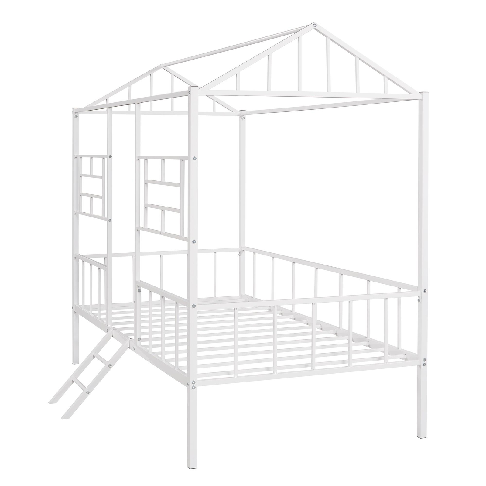 Kids House Bed Twin Size Metal House Bed Frame with Slatted Support - White