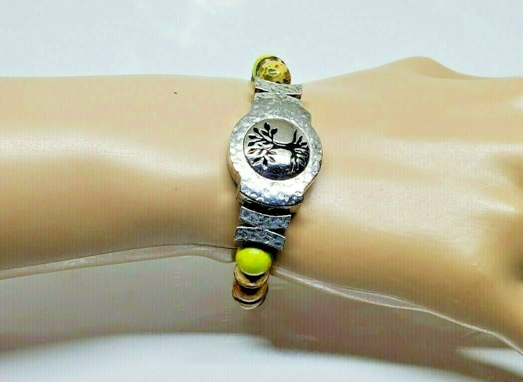 Green Brown Beaded Tree Design Bracelet 8" Marked KS