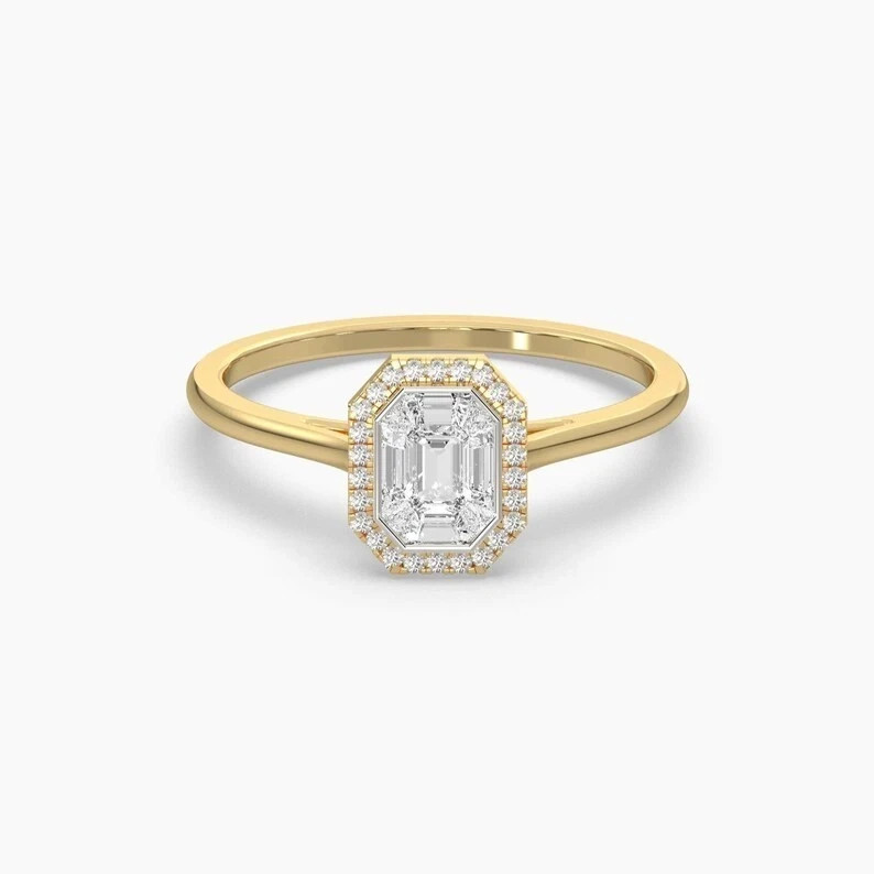 2.20 Ct Emerald Cut Halo White Moissanite Wedding Ring 14K Yellow Gold Finish