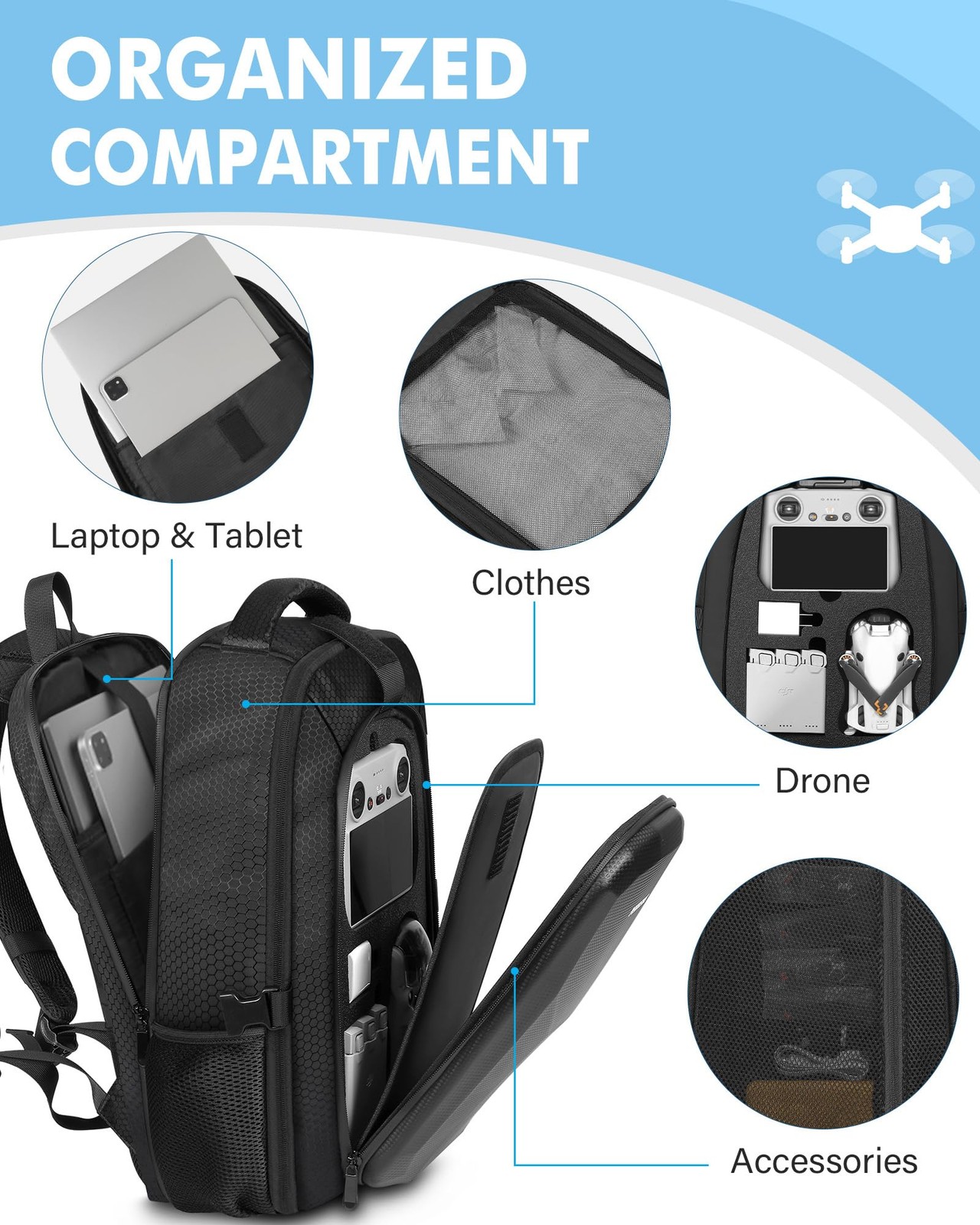 PEKREWS Mini 4 Pro Case, 3/4 Waterproof Hard Carrying Large, Black