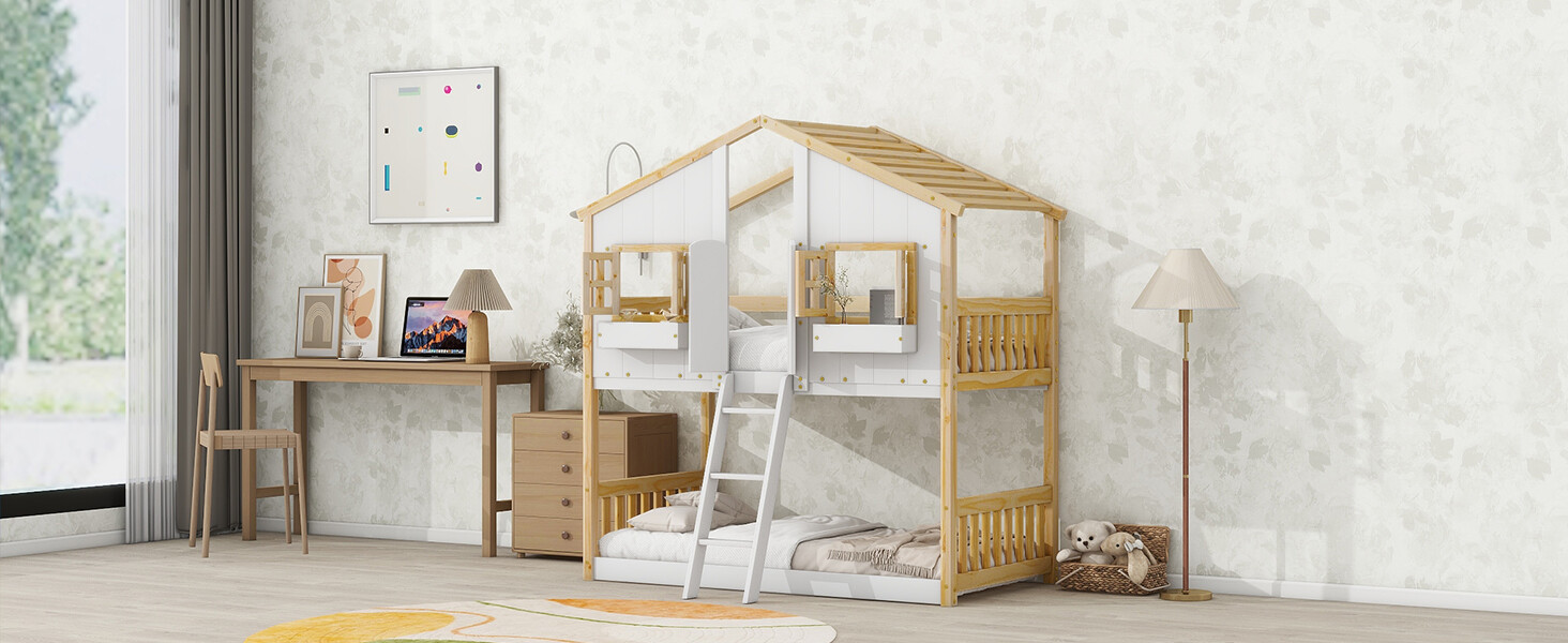 Twin over Twin House Bunk Bed Frame With Roof /Window/Door/Ladder Natural White