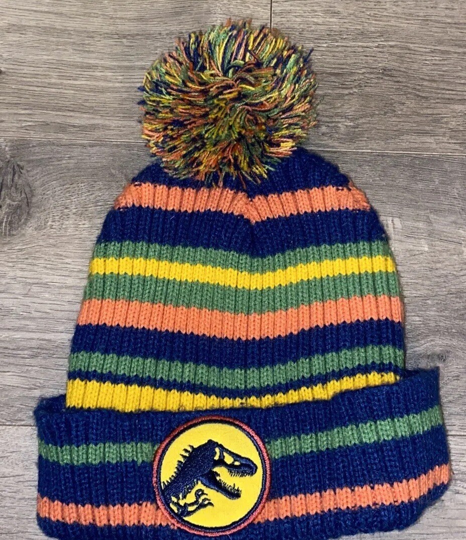 Jurassic Park Boys Beanie W Striped Green Yell Blue Orange  & Pom Pom 2-5T