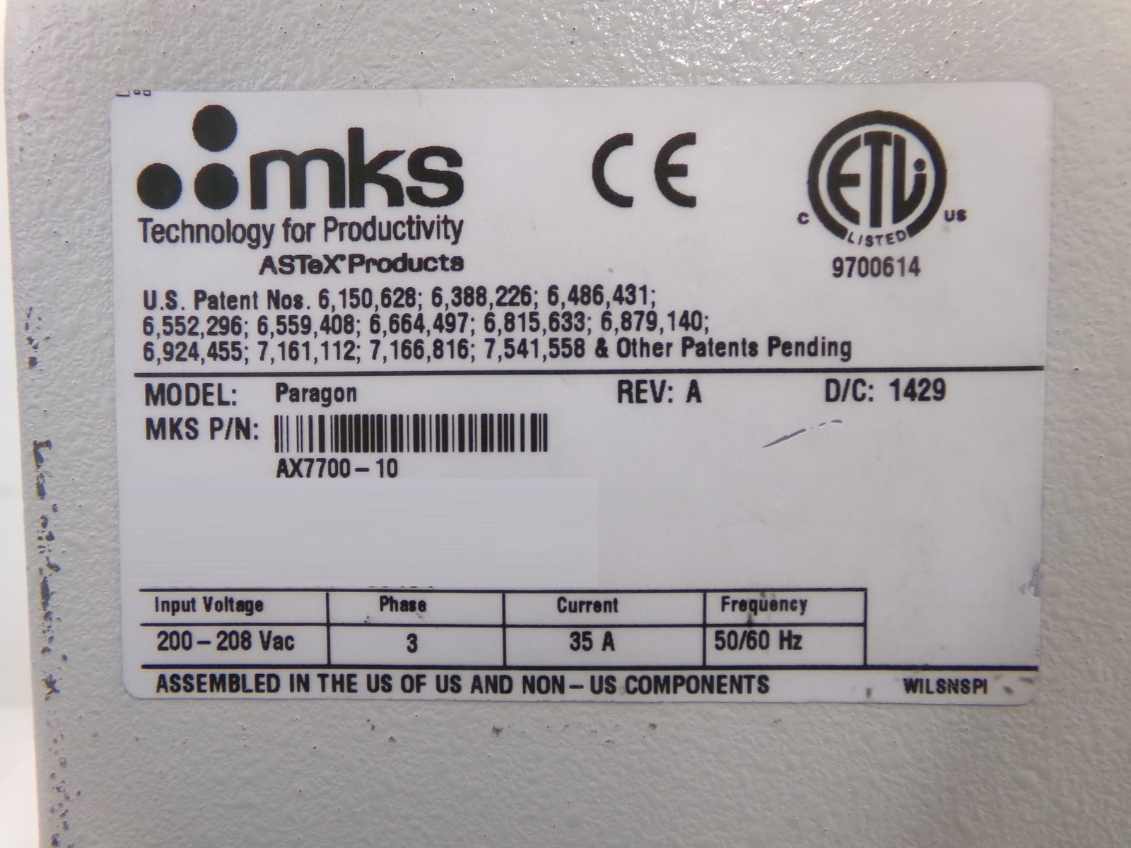 ASTRON Paragon MKS Instruments AX7700-10 RPS Remote Source Plasma ASTeX Surplus