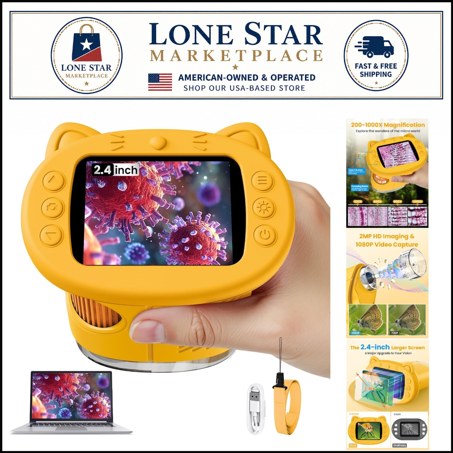 2.4-Inch Kids Digital Microscope with 1000X Magnification - Educational Yello...