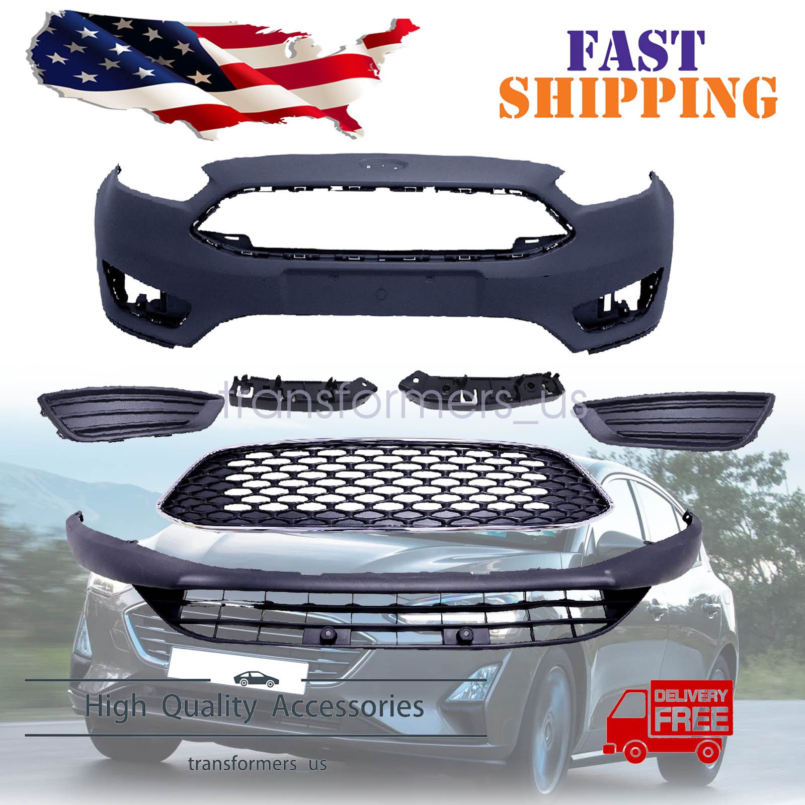 For 2015-2018 Ford Focus Front Bumper Cover Grille Assembly W/Fog Light Cover