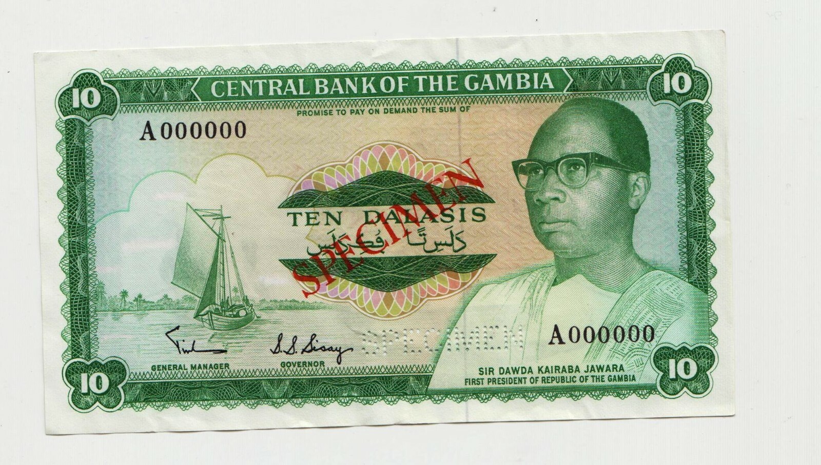 SPECIMEN: GAMBIA BANKNOTE 10 DALASIS, P66-4214 , A series in UNC