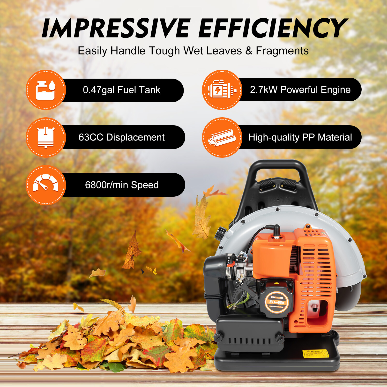 Upgraded 63CC 2-Stroke Backpack Leaf Blower, 4.3HP, 850CFM Powerful Performance