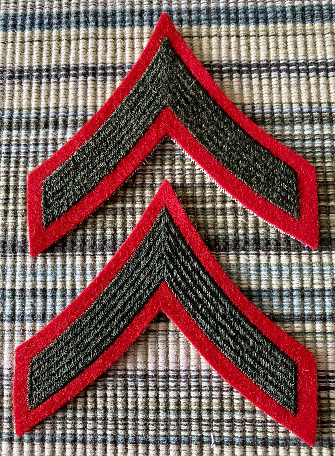 One pair of USMC Chevrons Private First Class green on red Marine Corps PFC