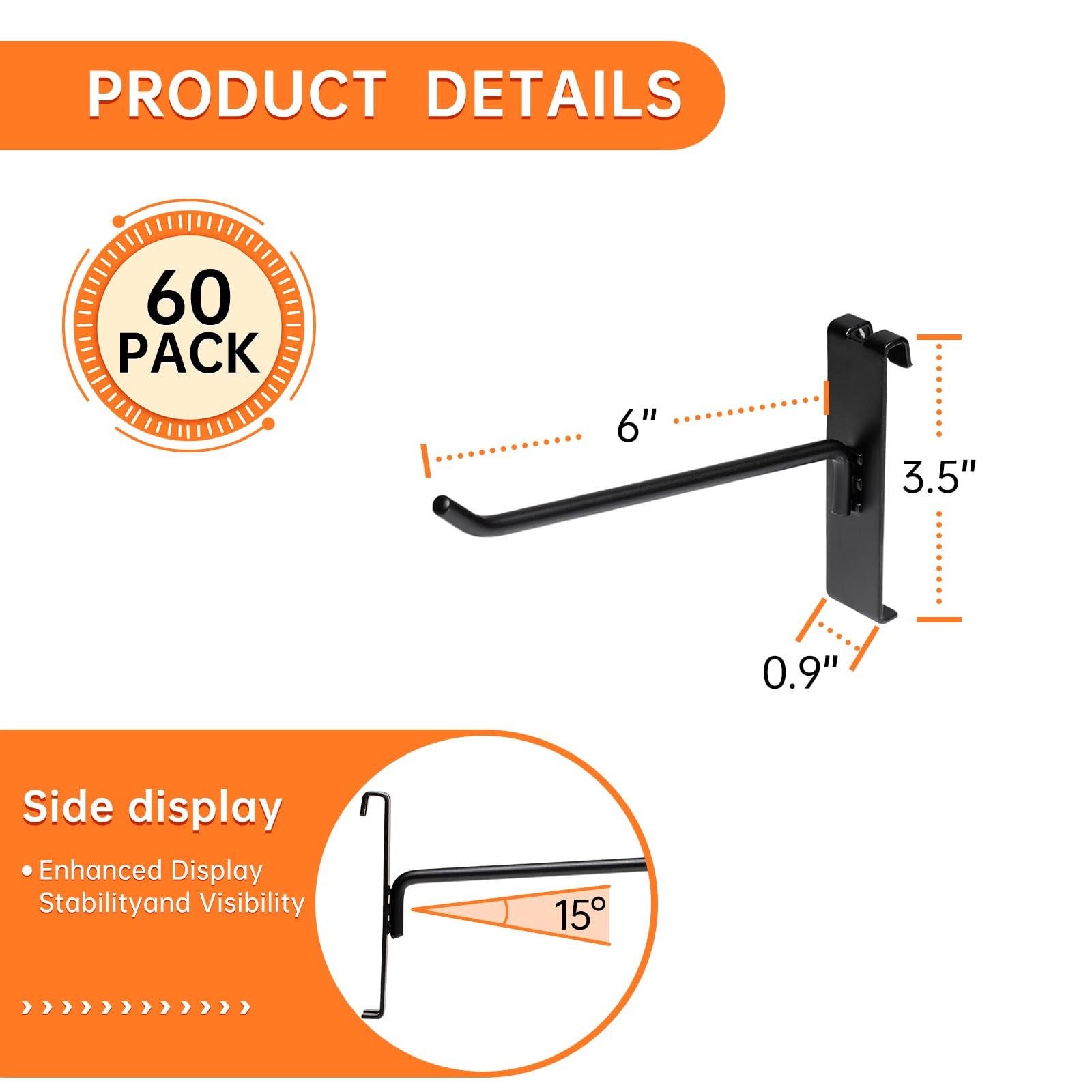 60 PCS 6 Inch Metal Grid Wall Display Hooks Retail Accessories Peg Hook Black