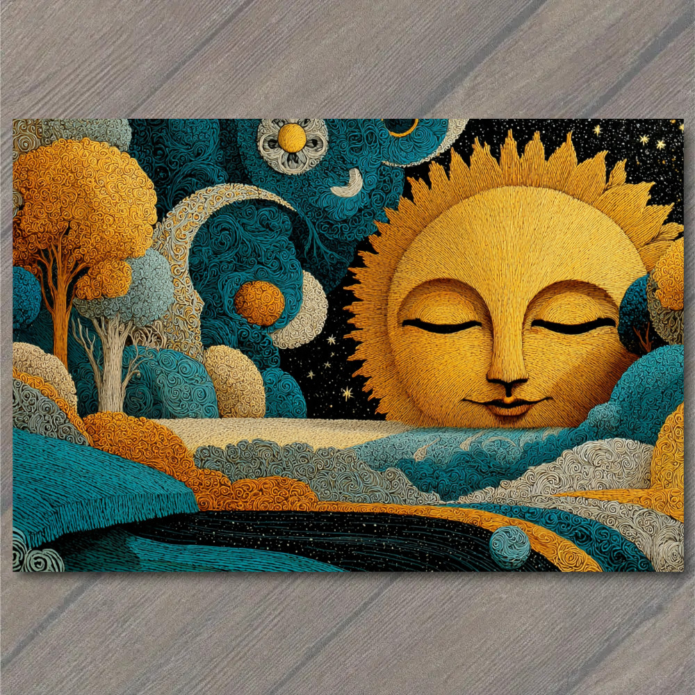 POSTCARD Surreal Sun Moon Landscape Whimsical Night Sky Dreamlike Detail