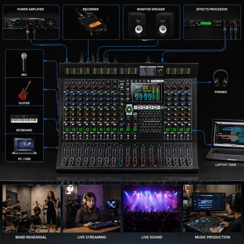 14-channel professional mixer with 99DSP effects / Bluetooth / USB connectors