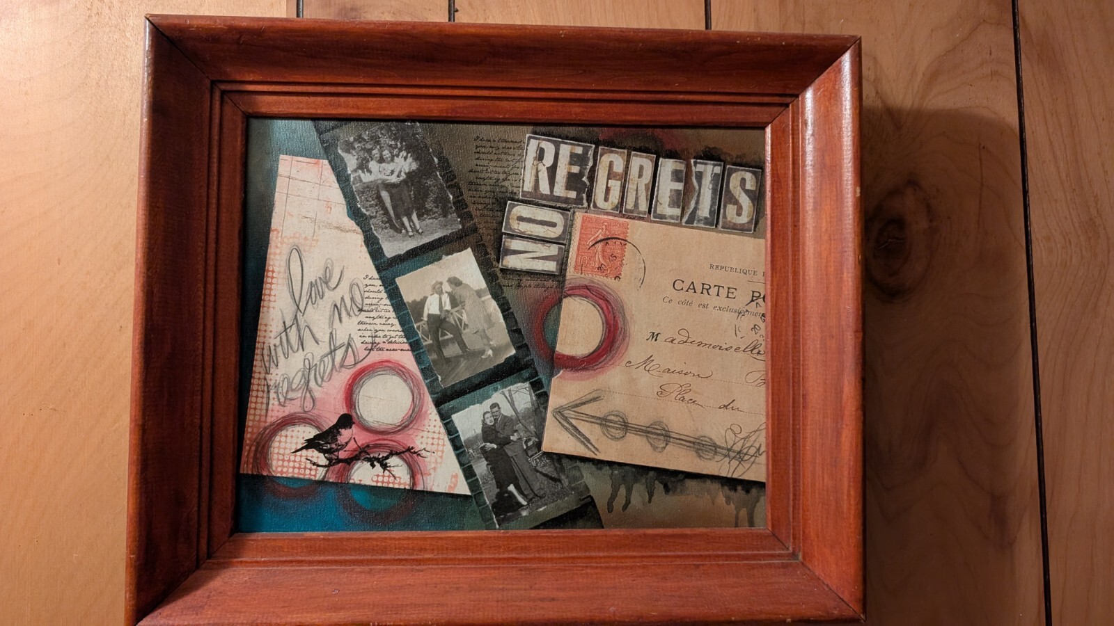 Original Mixed Media Painting "Love With No Regrets" With Cherry Stained Frame