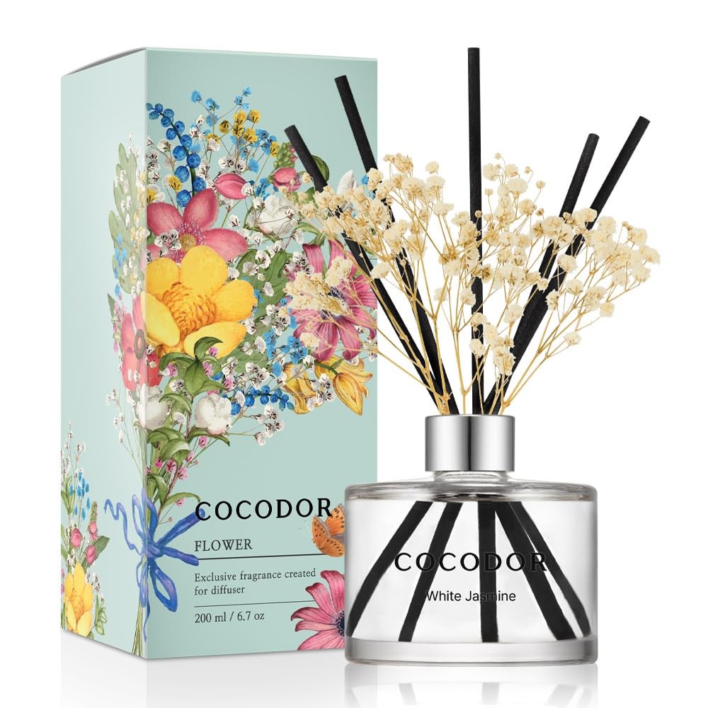 COCODOR Flower Reed Diffuser Set / 6.7oz / White Jasmine/Scent Diffuser with Sti