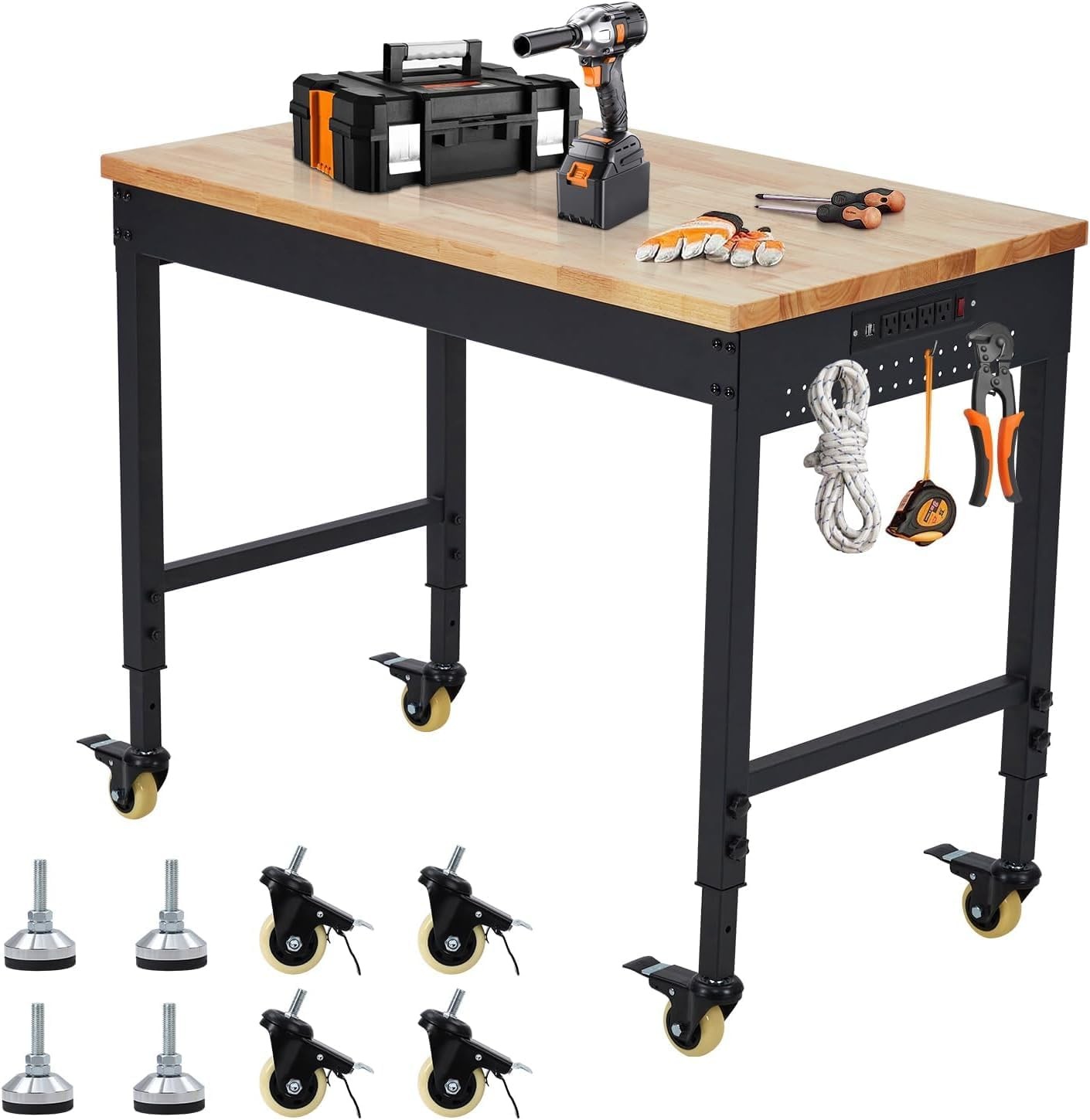 48" Workbench Rubber Wood Top Workstation with Power Outlets & Lockable Wheels