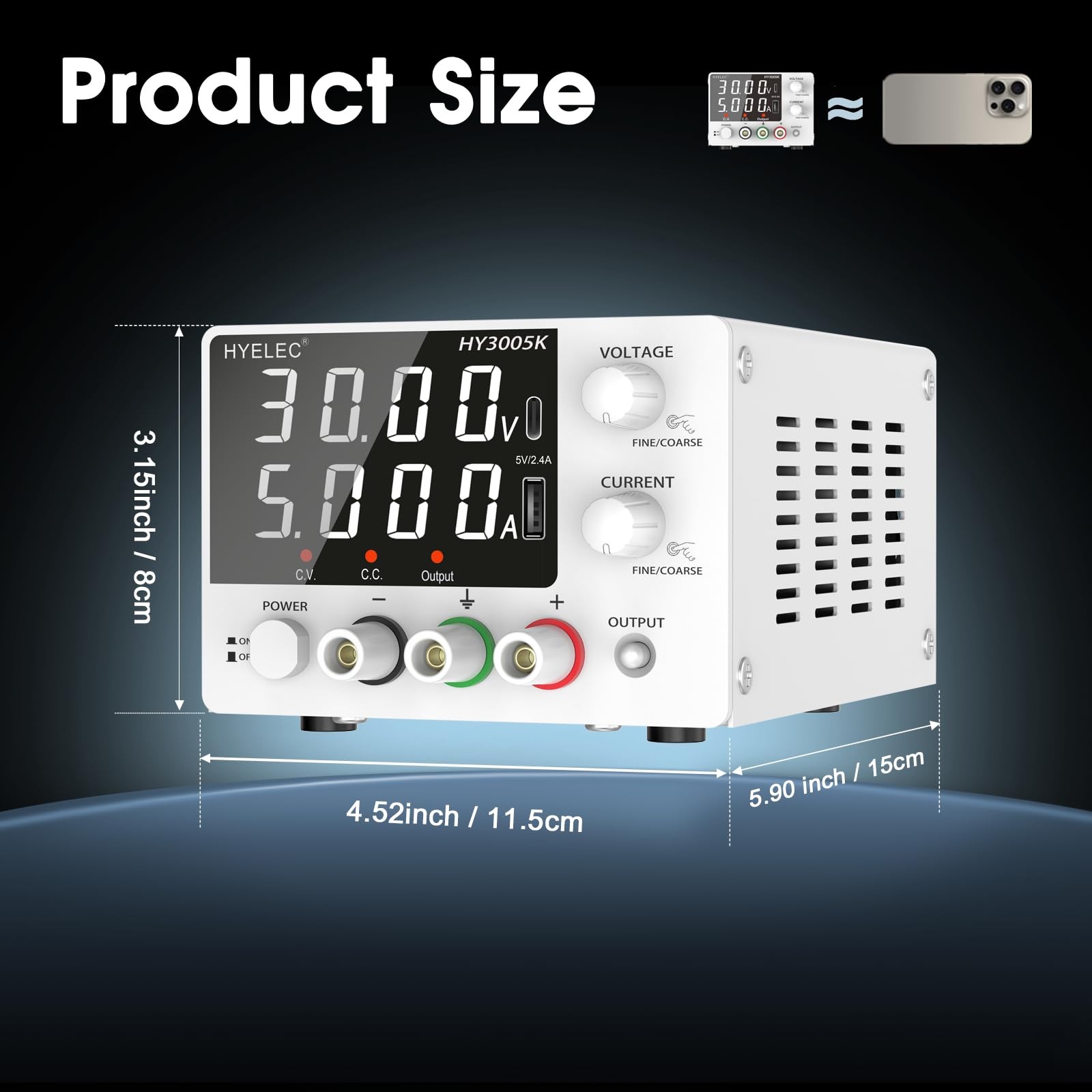 Variable DC Power Supply 030V 05A Bench Power Encoder 4Digit LED TypeC