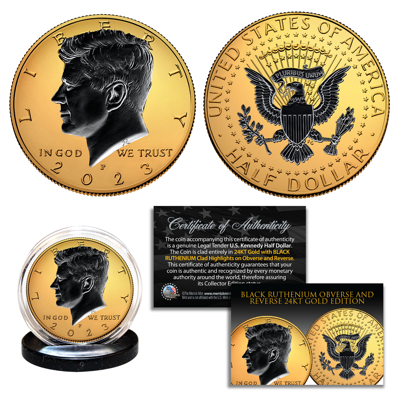 24K GOLD 2-Sided 2023 JFK Half Dollar Coin BLACK RUTHENIUM - PHILADELPHIA MINT