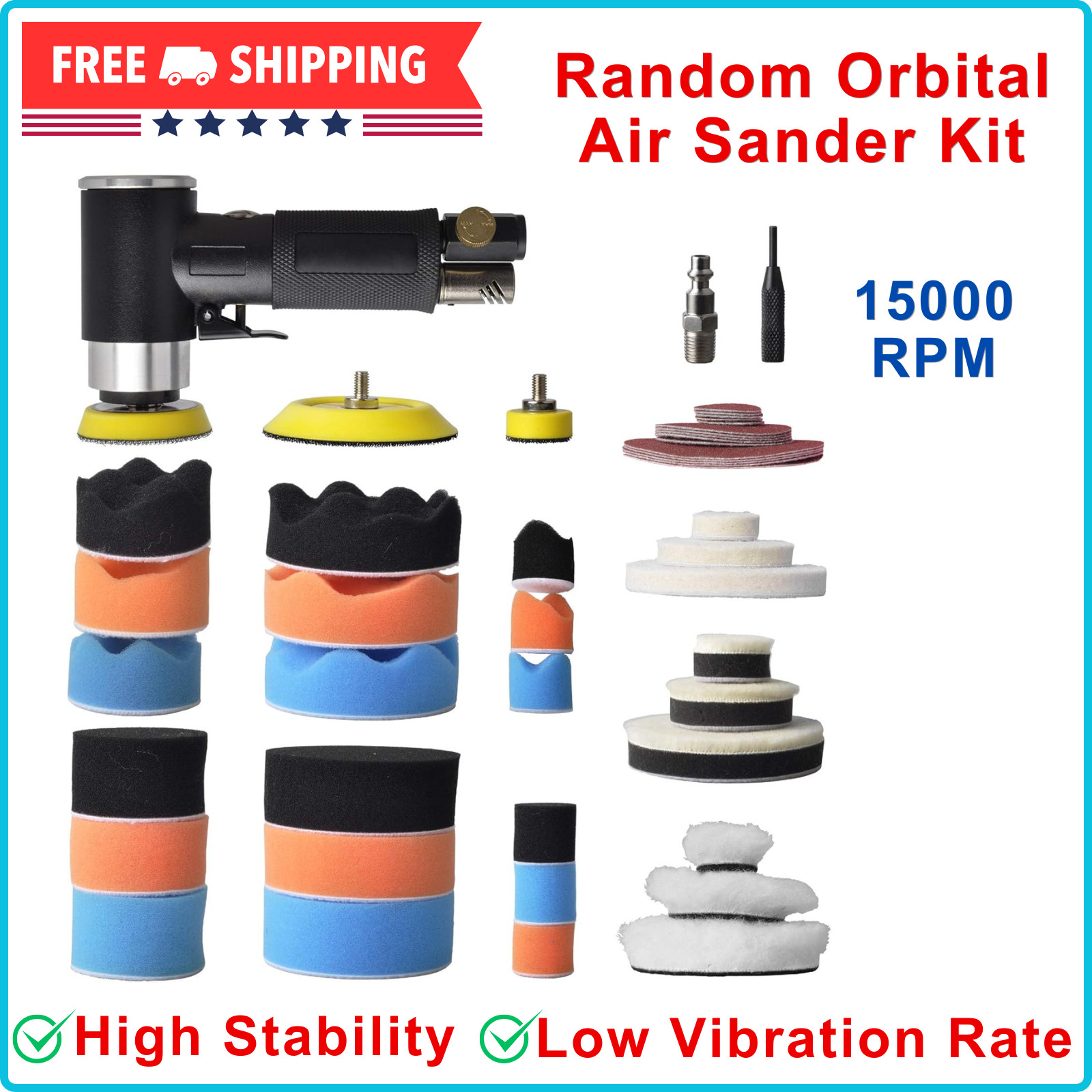 48 Pcs Mini Random Orbital Air Sander Kit, High-Speed Mini Air Sander Polisher