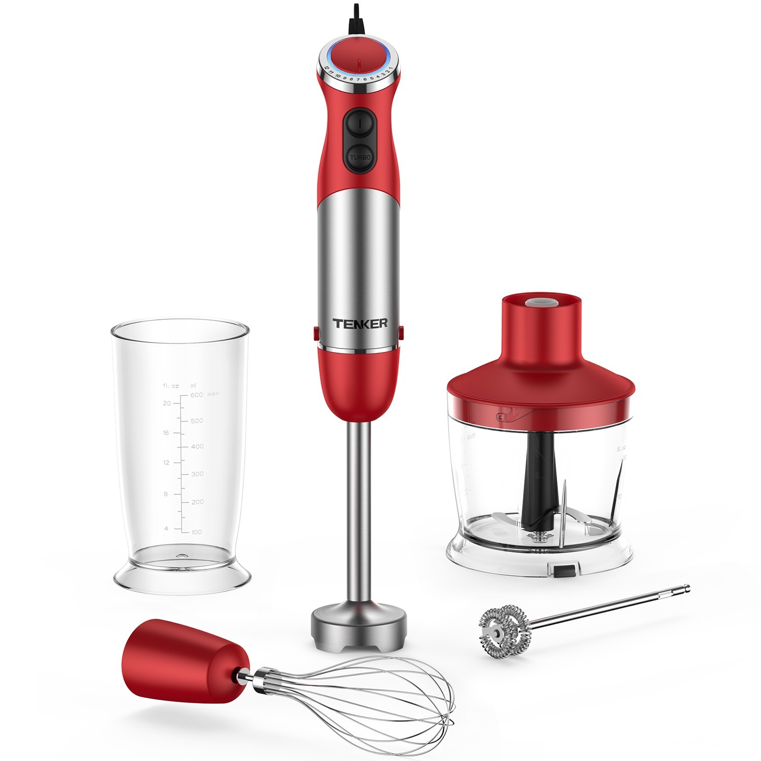5-in-1 Hand Immersion Blender 1000W 12Speed Stainless Steel Handheld Blender Red