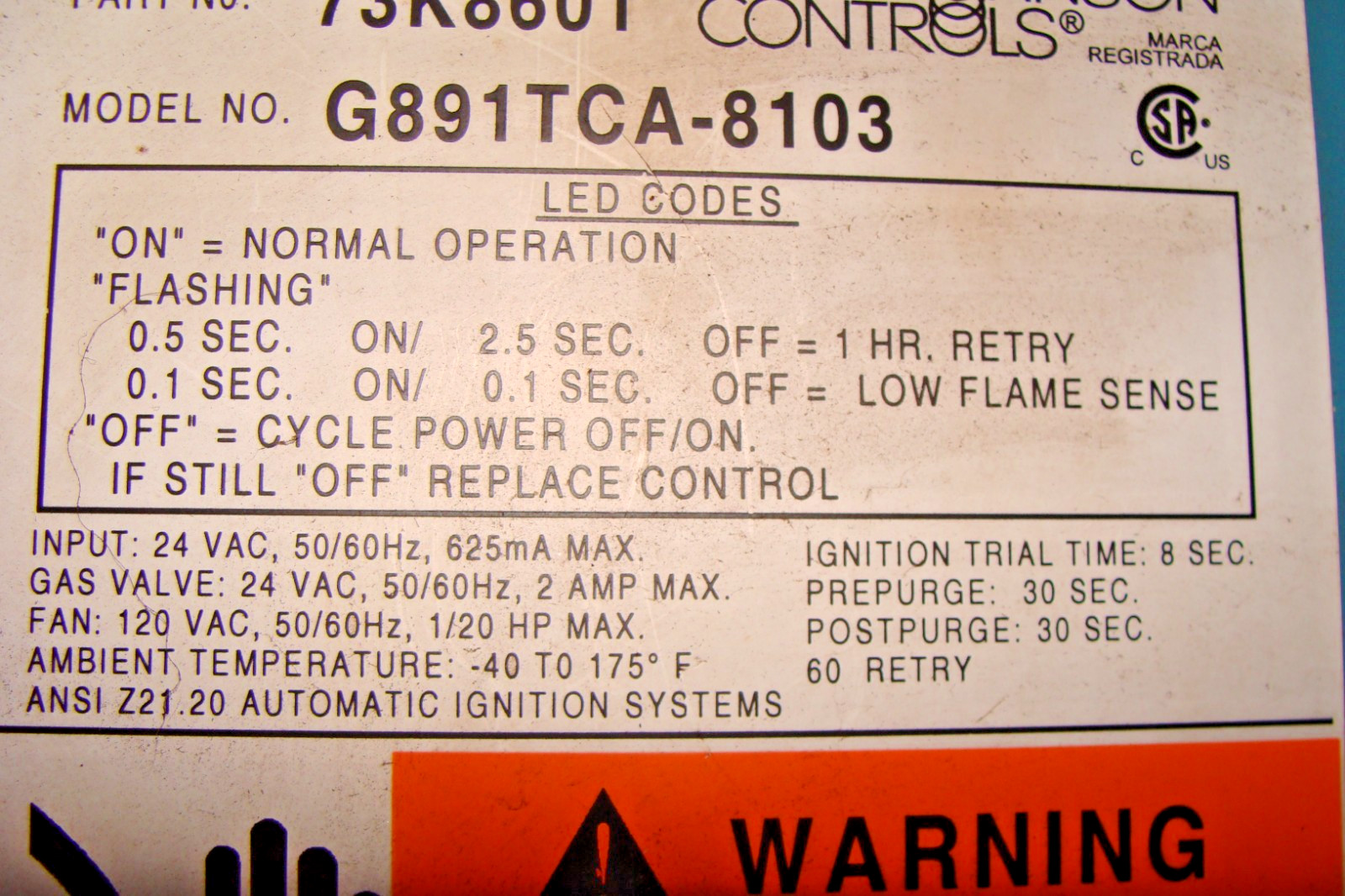 Lennox Pulse Johnson Control 73K8601 G891TCA-8103