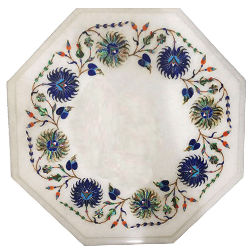 12" Semi Precious Stones Inlay Marble Corner Side Table Top Handmade Work