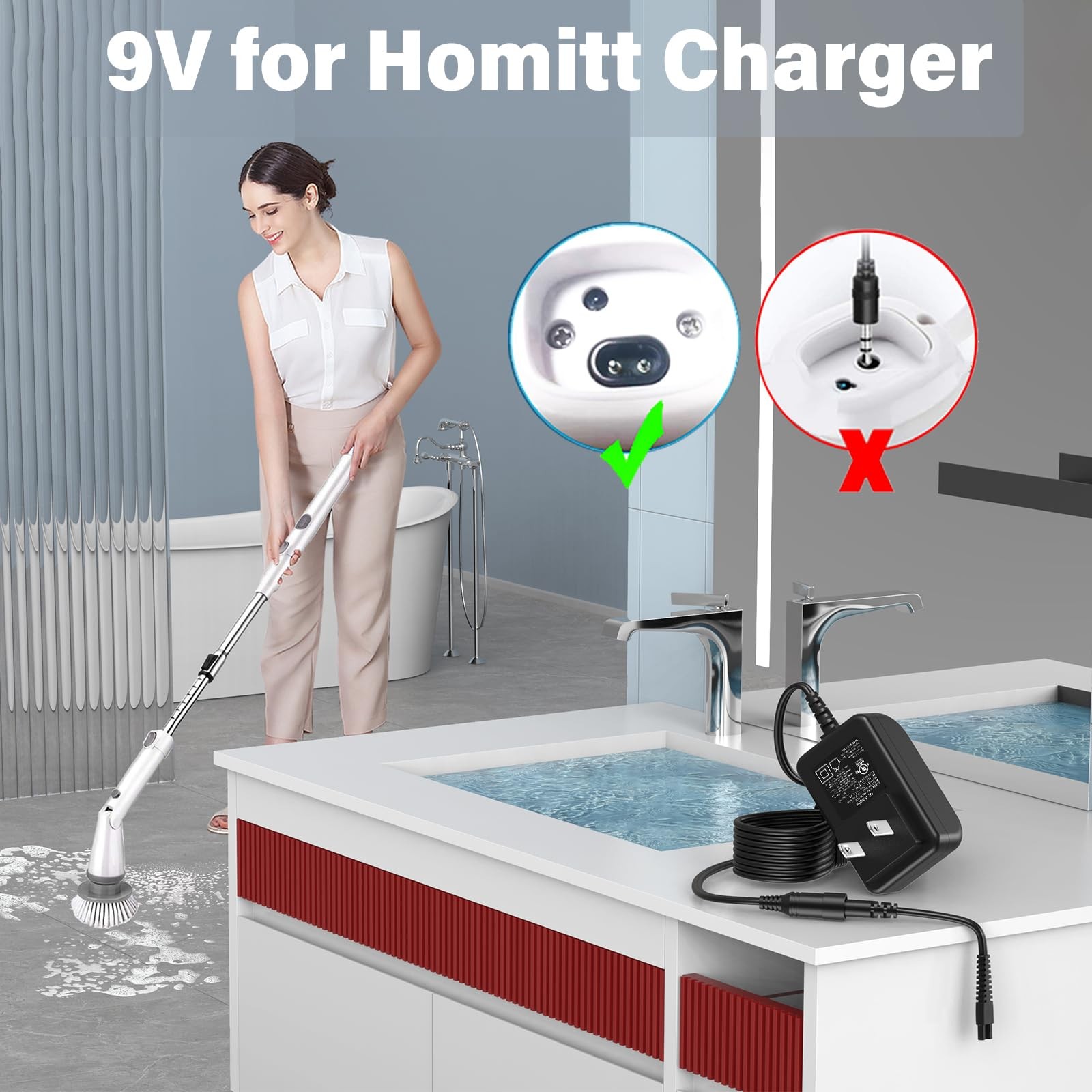9V Scrubber Charger Fit for Homitt HM115C Electric Spin Scrubber, Power BLACK