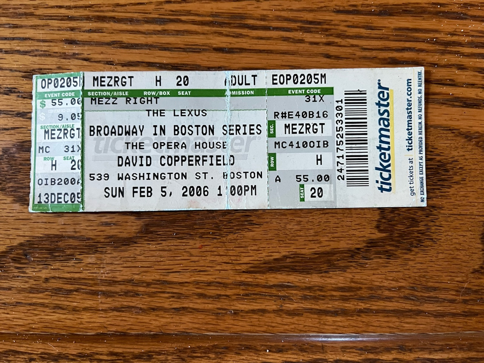 David Copperfield Broadway In Boston Series February 5 2006 Ticket Rare