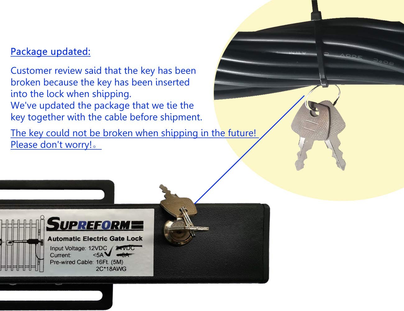 Universal 12VDC Electric Gate Lock for Swing Gates, Fail Secure, UL Listed Cable