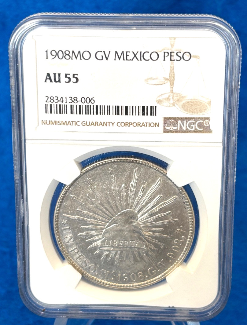 1908MO GV Mexico Peso NGC AU55