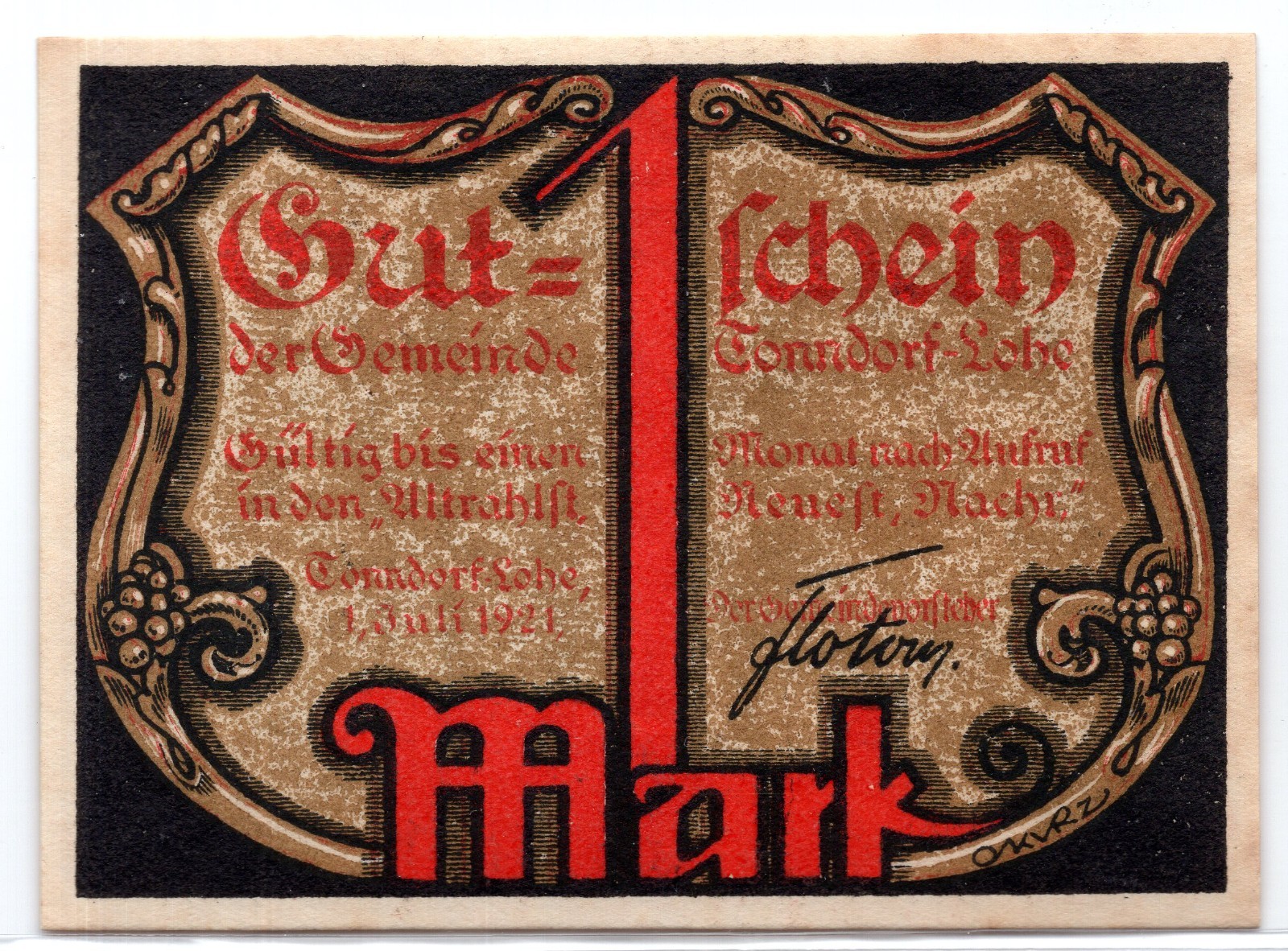 1921 Germany Tonndorf-Lohe Notgeld 1 Mark Note (3083)