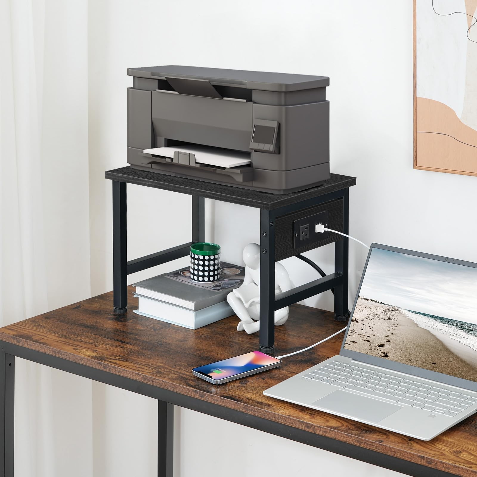 Desktop Printer Stand Charging Station Small Table Storage Hook Cart Black