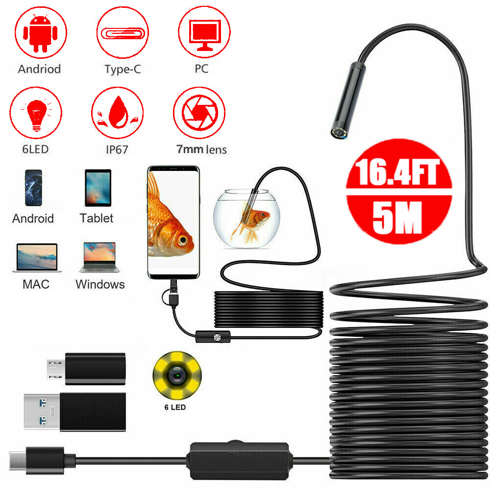 16.4FT Borescope Endoscope Camera 7mm USB Type-C Camera For Phone Waterproof