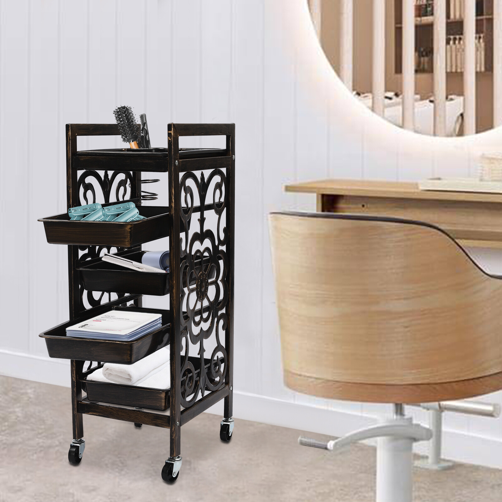 5-Tier Vintage Salon Trolley with Wheels, Hair Tools Storage Cart