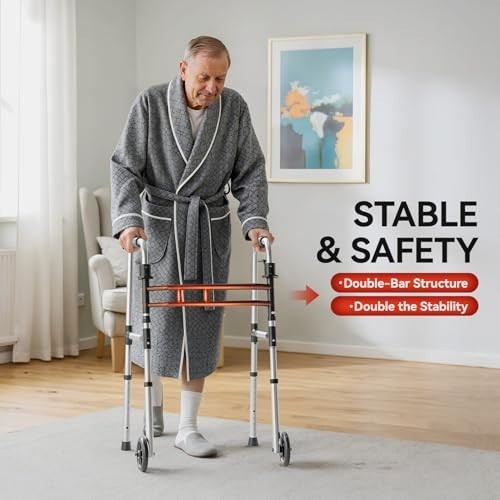 Lightweight Folding Walker for Seniors, Adjustable Height & Width, 5'' Front Whe