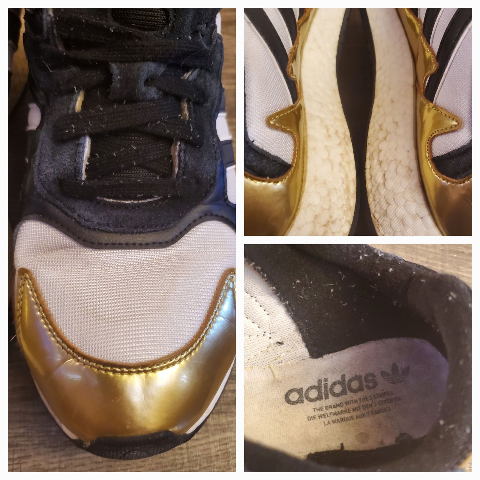 Adidas Tresc Run Boost Sneaker Shoes Men's Size 9.5 White Black and Gold