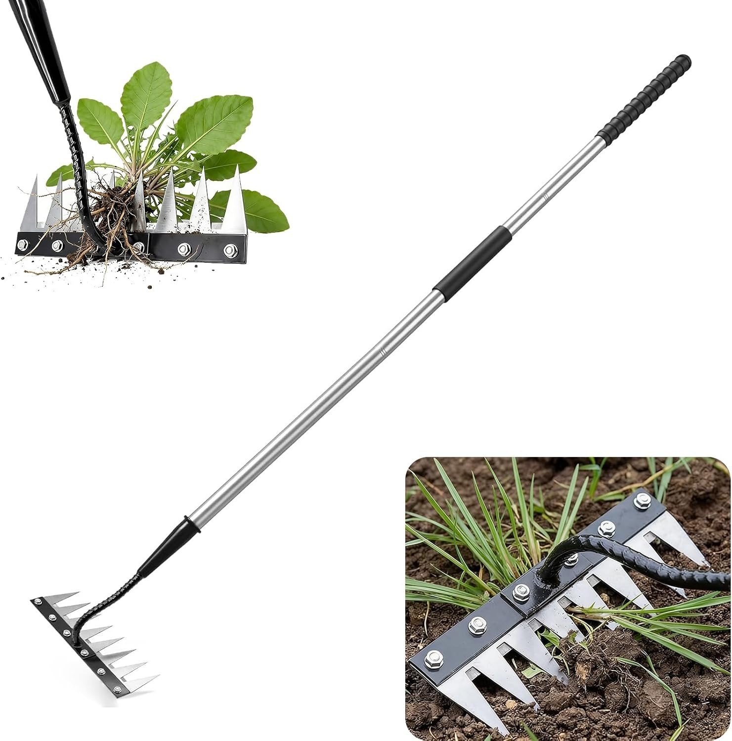 Garden Rake with 59'' Stainless Steel Handle, Heavy Duty Metal Weed Rake, Rust-R