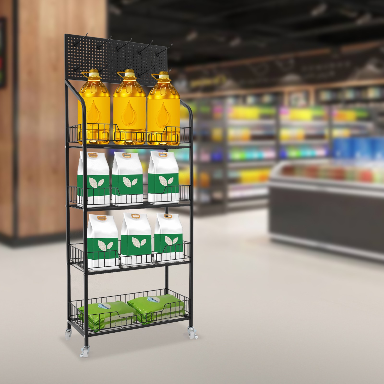 Rolling Retail Display Rack 4 Tier Black Store Merchandise Shelf Unit