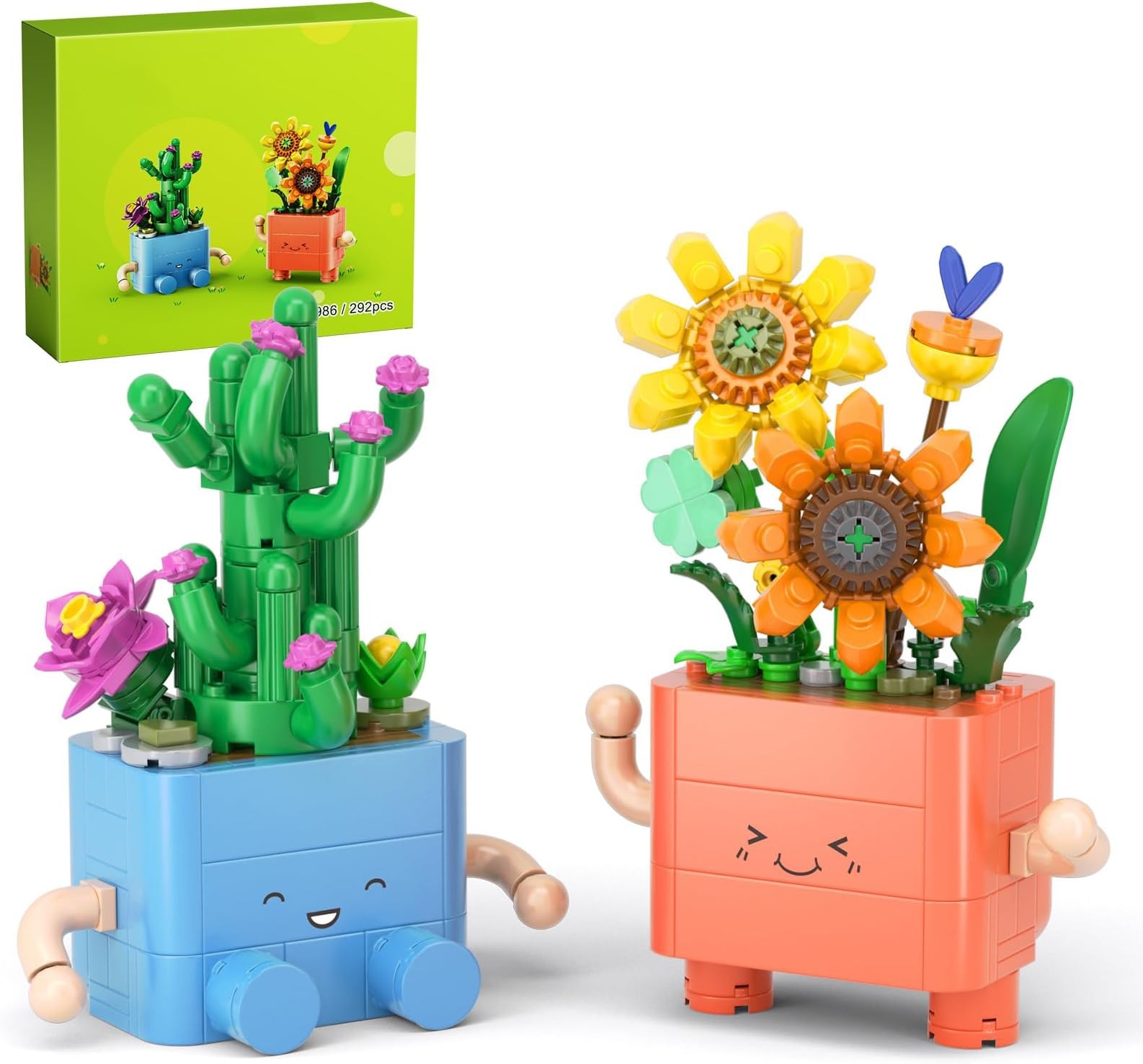 292 PCS Cute Plants Building Blocks Set, 2-in-1 Artificial Succulents Cactus ...