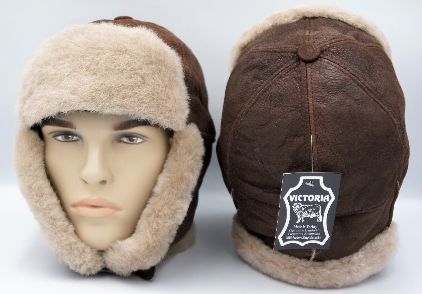 100% Sheepskin Shearling Leather Hat Trapper Ushanka Hunting M-3XL ESPRESSO/TEAK