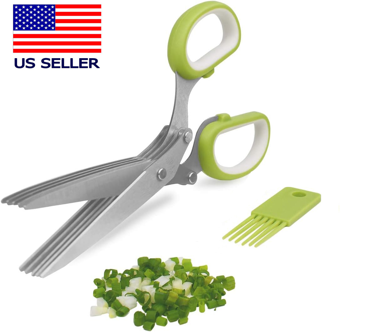5-Blade Herb Cutter Scissors Stainless Steel W/ Cleaning Comb Multi-Layer Shear