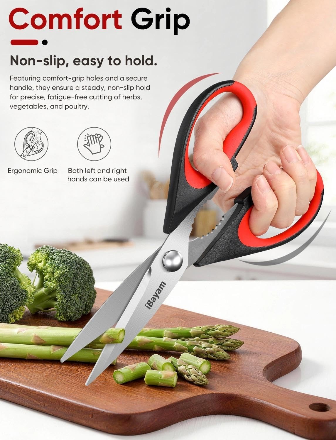 iBayam Kitchen Scissors Shears All Purpose 2-Pack, Black Red, Gray