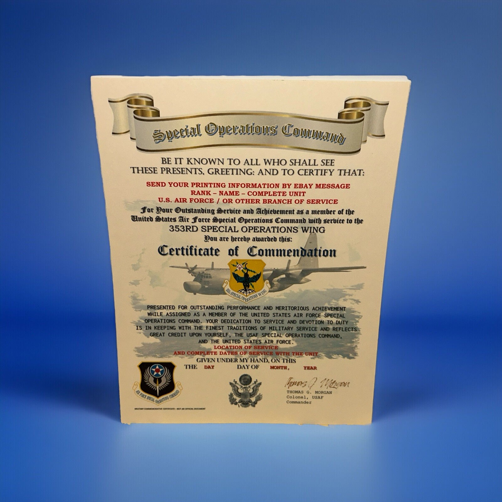 U.S.A.F. / 353RD SPECIAL OPERATIONS WING - CERTIFICATE OF COMMENDATION
