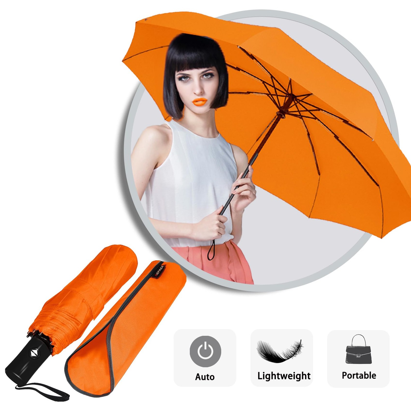 SIEPASA Windproof Travel Compact Umbrella-Automatic 42 Inch-1 Pack, Orange