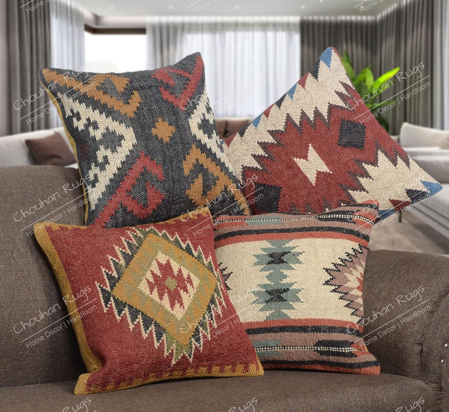 Set of Hand Woven Jute Kilim Cush Cover Indian Vinta