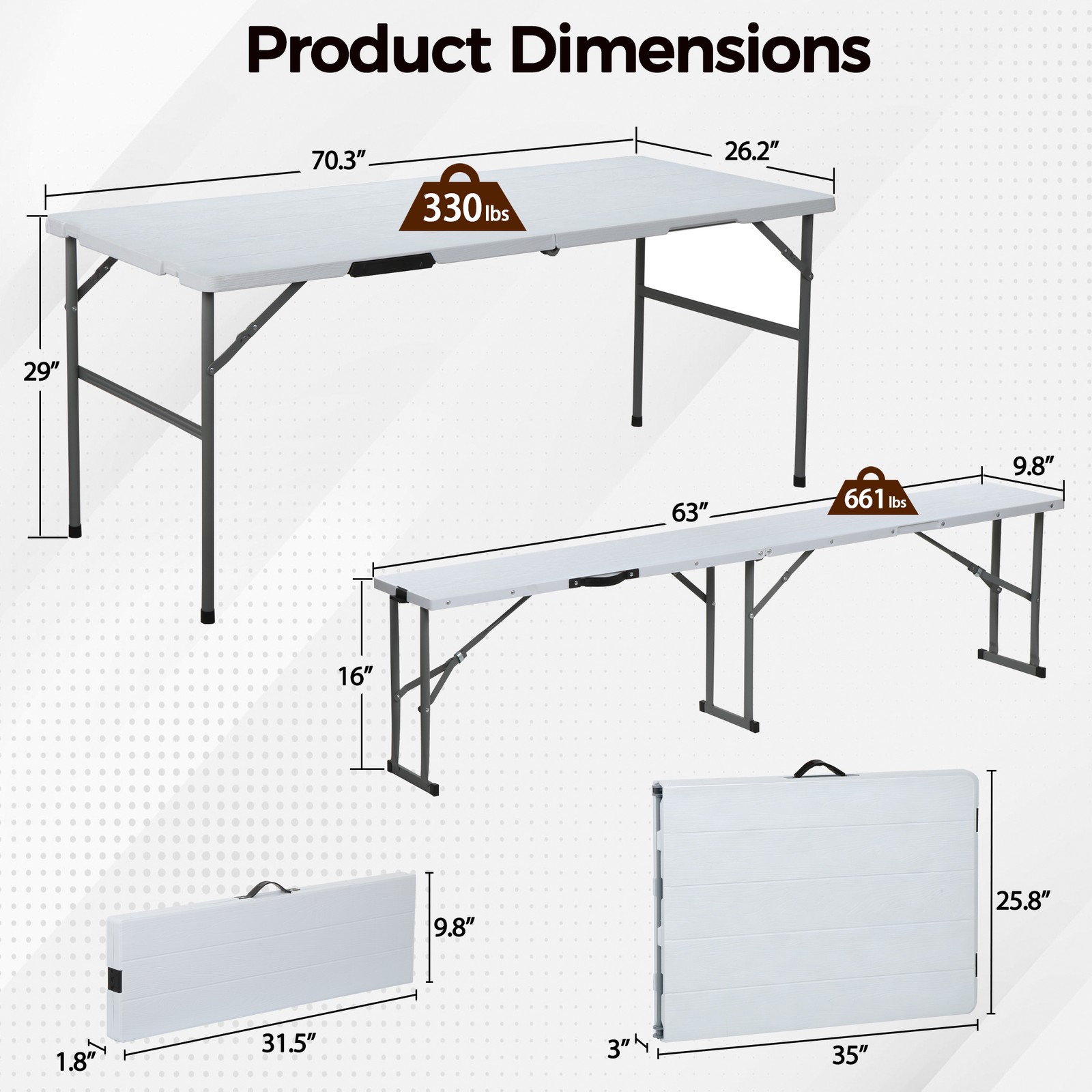 Compact Foldable Picnic Table with Storage Benches Weather Resistant HDPE Table