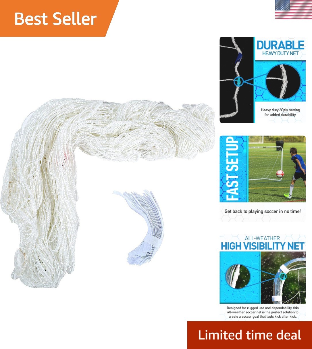 Durable 4' x 6' Soccer Replacement Net with Self-Sticking Straps for Easy Setup