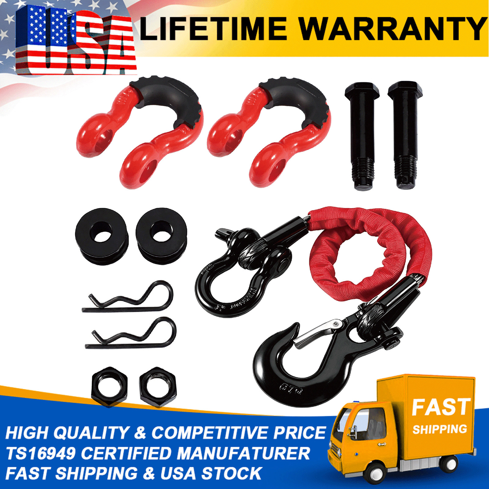 ATV Recovery Strap 4FT 122cm w/ Hook Shackle Red For UTV Jeep