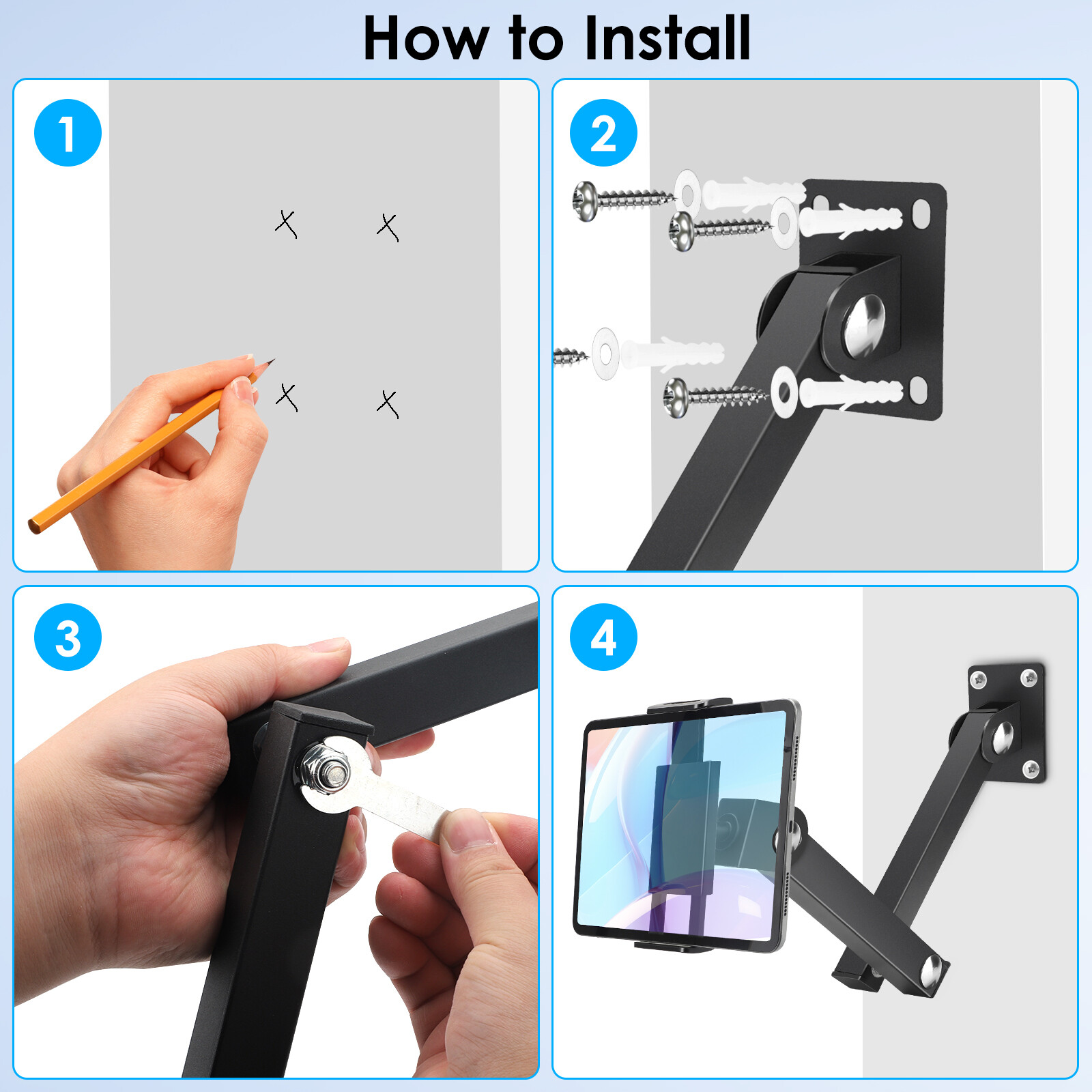 Tablet Wall Mount 360° Rotating Foldable Phone Holder for 4.7-13" iPad iPhone