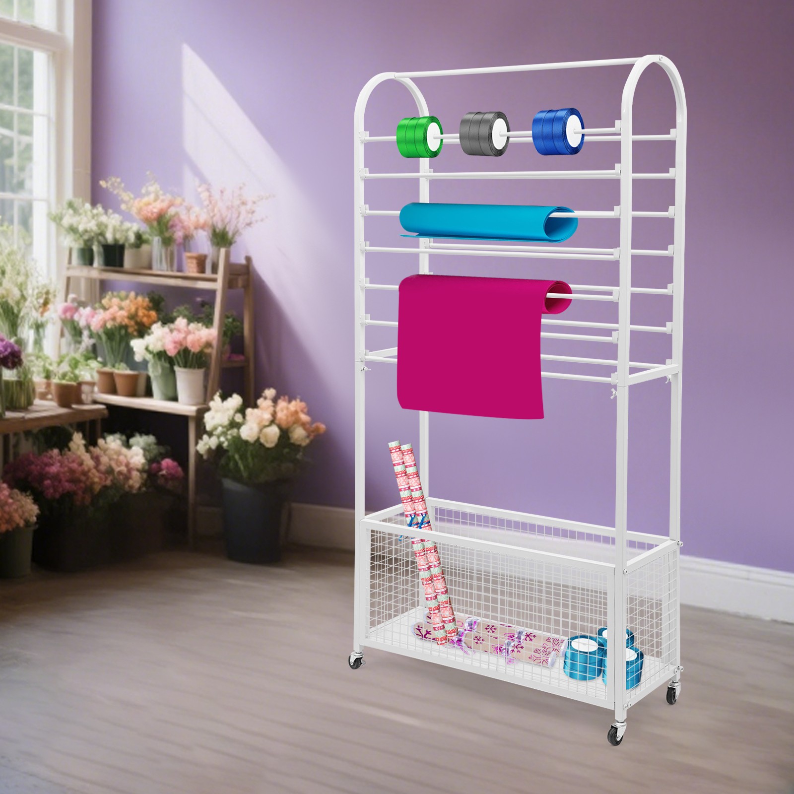 Double-Sided Ribbon Holder, White Ribbon Organizer, Ribbon Storage Display Rack