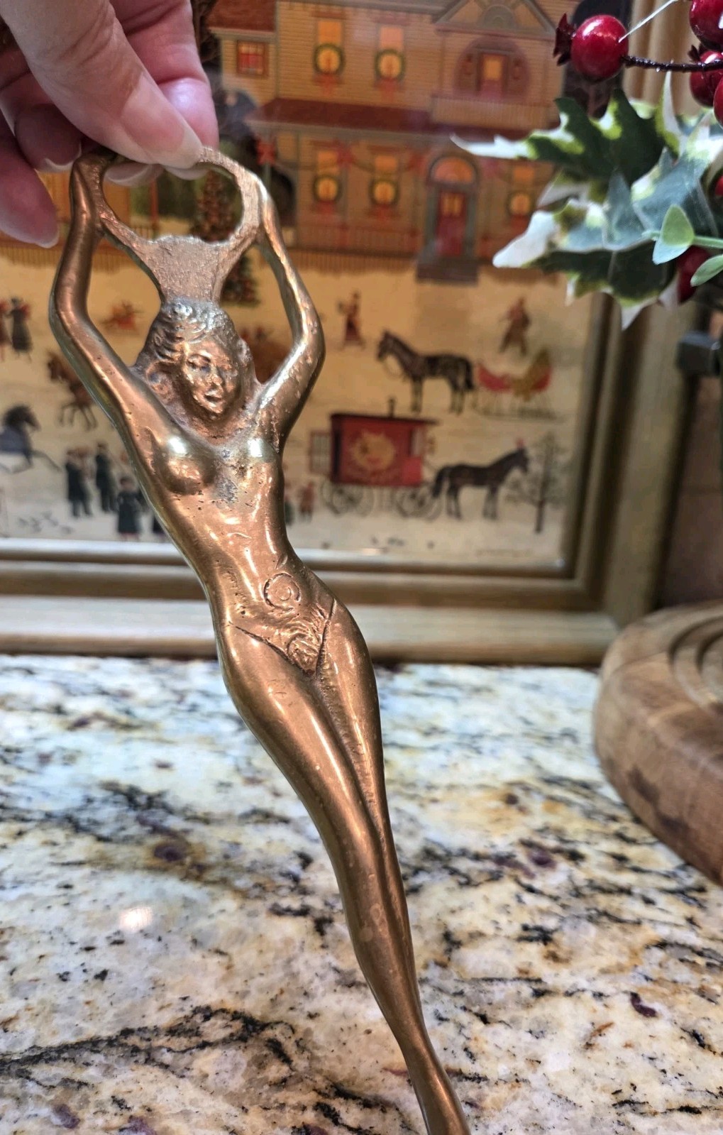 Circa 1930's Antique European Brass Risque Art Deco Naked Lady Bottle Opener 8"
